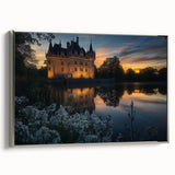 Framed canvas artwork showcasing a stunning landscape with a historic castle, featuring a sleek silver frame and a side view that highlights its elegant design. Perfect for enhancing home decor with a touch of classic charm and sophistication.