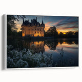 Framed canvas artwork depicting a serene landscape with a majestic castle, elegantly displayed against a white background, enhancing home decor aesthetics.
