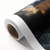 Rolled canvas artwork showcasing a vibrant landscape with a majestic castle set against a serene sky, beautifully packaged in a protective cardboard tube for easy display.