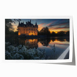 Rolled print showcasing a stunning landscape featuring a majestic castle surrounded by lush greenery and a clear blue sky, ideal for home decor and art enthusiasts.