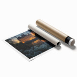 Scenic rolled print of a majestic castle surrounded by lush landscapes, showcasing intricate details and vibrant colors, packaged securely in a durable tube.