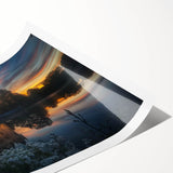 Rolled landscape print showcasing a majestic castle set against a serene backdrop of lush greenery and clear blue skies, ideal for home or office decor.