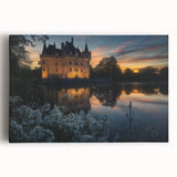 Vibrant stretched canvas depicting a stunning castle landscape, showcasing intricate architectural details against a serene sky backdrop, ideal for home decor.