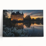 Stretched canvas artwork depicting a serene landscape with a majestic castle surrounded by lush greenery, perfect for home decor or art enthusiasts. The vibrant colors and intricate details add depth and charm to any room.