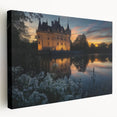 Stretched canvas artwork depicting a serene landscape with a majestic castle, showcasing vibrant colors and intricate details in a side view perspective, perfect for home decor.