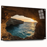 Acrylic glass landscape artwork showcasing a cave scene in vibrant colors, mounted with pins, designed for wall display in modern interiors. Ideal for nature enthusiasts and art lovers.