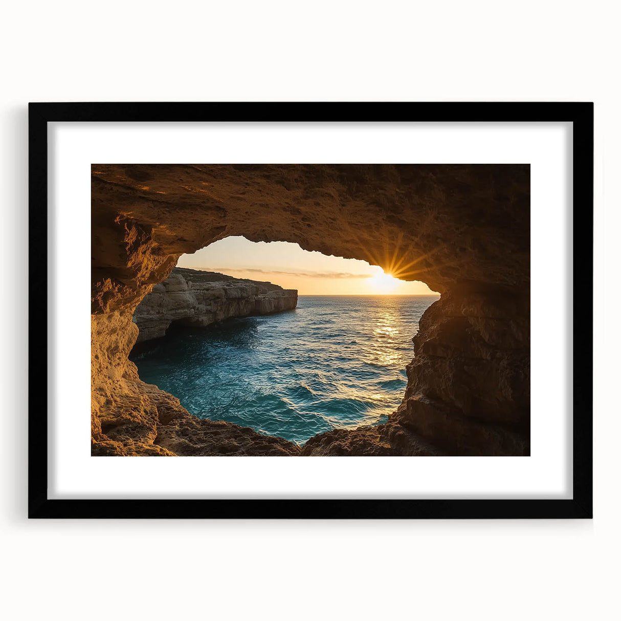 Framed landscape artwork depicting a serene cave scene, featuring a black mat and sleek frame, ideal for home decor and artistic expression.