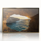 Framed acrylic artwork showcasing a stunning landscape of caves, featuring a gold border, ideal for enhancing home decor with nature-inspired elegance.