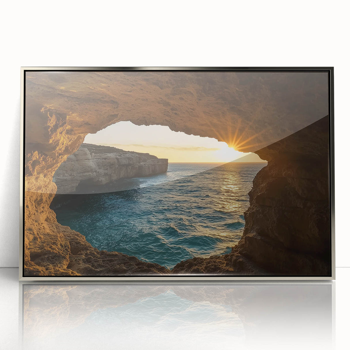 Framed acrylic artwork depicting a serene landscape with caves, showcasing a blend of earthy tones and intricate details, perfect for modern home decor.