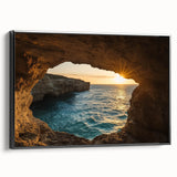 Framed canvas print showcasing a stunning landscape with intricate cave formations, featuring a sleek black side view that enhances modern decor. Ideal for nature enthusiasts and art lovers, this piece adds depth and elegance to any space.