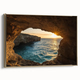 Framed canvas art depicting a vibrant landscape with caves, showcasing rich gold accents and intricate details, ideal for enhancing home decor and artistic ambiance.