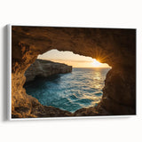Framed canvas artwork depicting a vibrant landscape scene with caves, featuring earthy tones and intricate details, set against a white background for a modern touch. Perfect for enhancing home decor with a natural aesthetic.