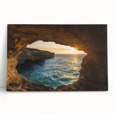 Stretched canvas artwork depicting a serene cave landscape, showcasing earthy tones and intricate details, ideal for enhancing home decor or office spaces.