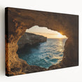 Stretched canvas artwork depicting a serene landscape with intricate cave formations, showcasing earthy tones and natural textures, perfect for home decor.