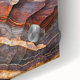 Close-up view of an acrylic landscape artwork showcasing rugged cliffs and vibrant colors, emphasizing intricate textures and details, perfect for home decor.