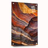 Acrylic landscape artwork depicting dramatic cliffs in vibrant colors, showcased in a sleek glass frame with visible mounting pins, perfect for modern decor.