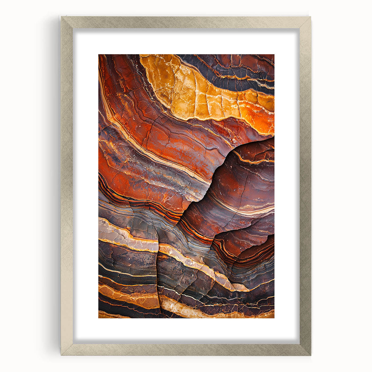Framed landscape artwork depicting dramatic cliffs in silver matting, showcasing intricate textures and vibrant colors, perfect for modern home décor.