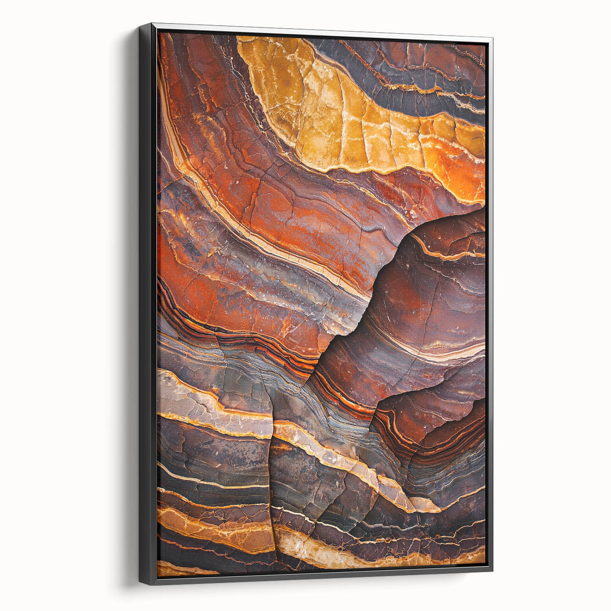 Framed canvas artwork depicting a stunning landscape of cliffs, showcasing rich colors and intricate details, with a sleek black frame enhancing its elegance.