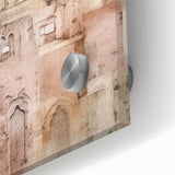 Close-up of abstract architecture wall art featuring geometric shapes in vibrant colors, printed on acrylic glass, showcasing modern design elements.