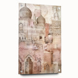 Abstract architectural wall art displayed on acrylic glass, showcasing a modern design with geometric shapes and vibrant colors, mounted with pins for a sleek presentation.