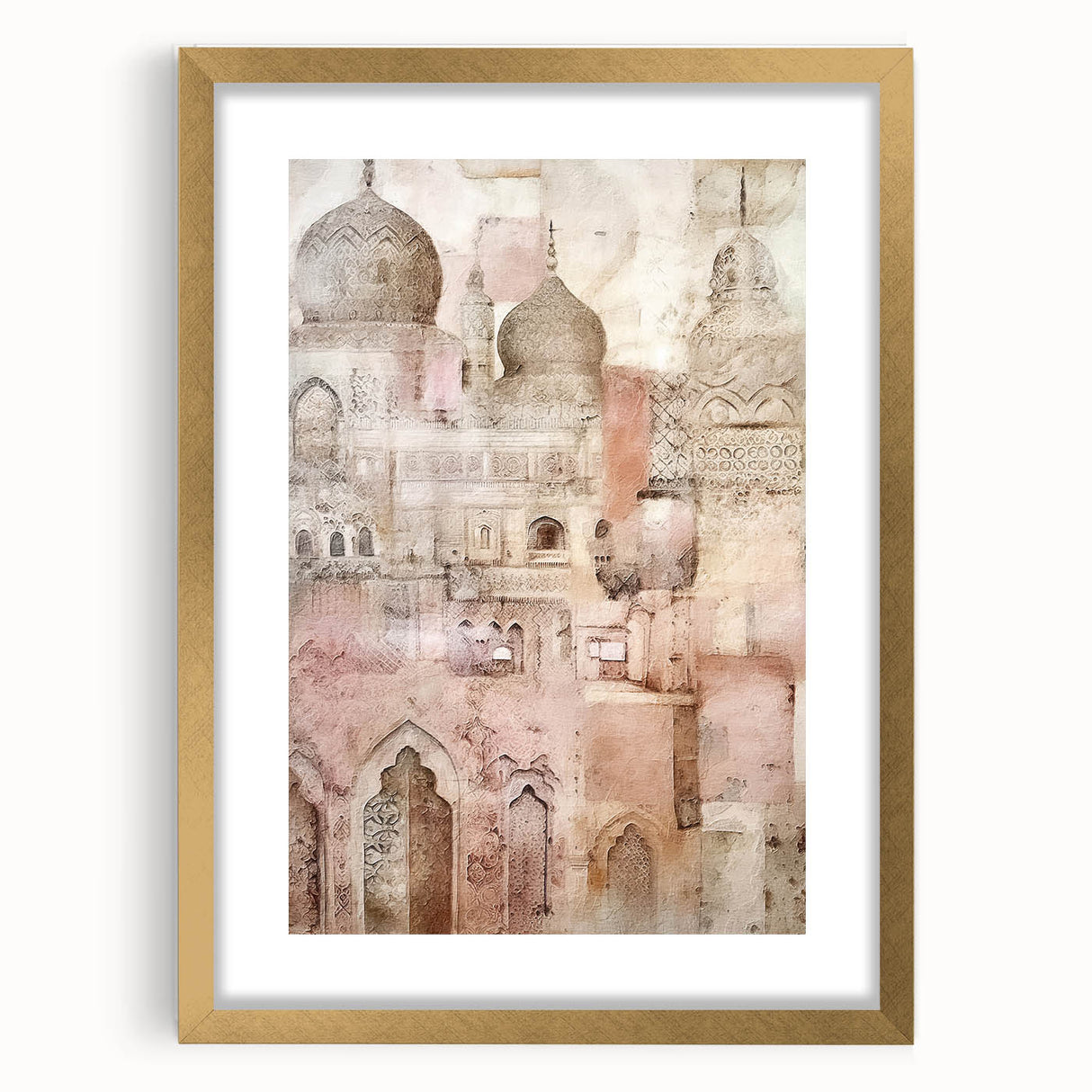 Abstract architectural wall art featuring a gold frame and mat, showcasing modern design elements. Ideal for contemporary home decor, enhancing aesthetics with its elegant style.