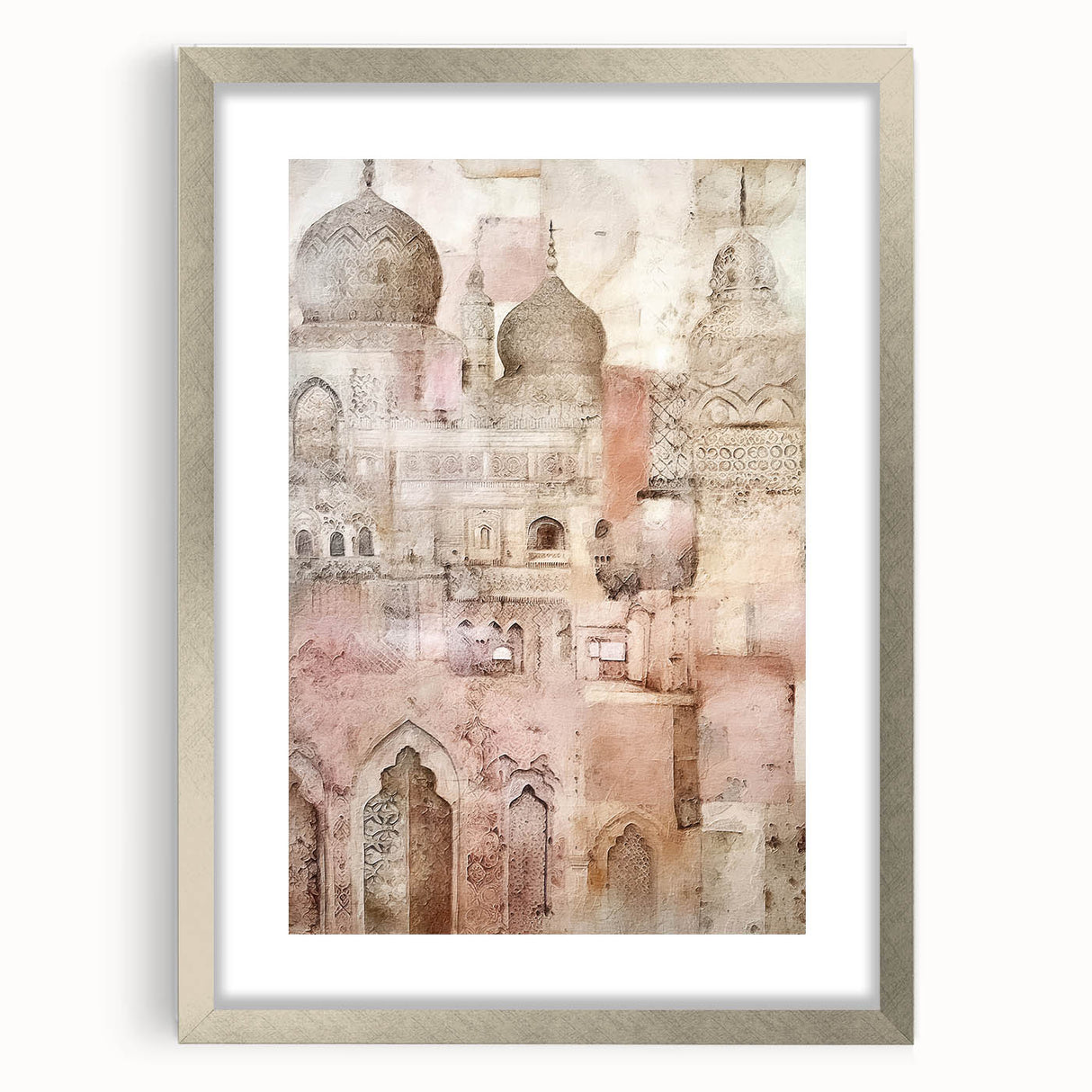Abstract architectural wall art framed in silver, showcasing geometric patterns and a modern design, perfect for contemporary home decor. The mat adds depth to the artwork, enhancing its visual appeal in any interior setting.
