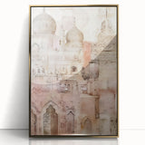 Framed abstract architecture wall art featuring gold accents, showcasing geometric shapes and lines against a sleek black background, ideal for modern decor.