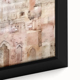 Close-up of a modern abstract architecture wall art in a sleek black frame, showcasing geometric shapes in shades of blue and grey, perfect for contemporary decor.