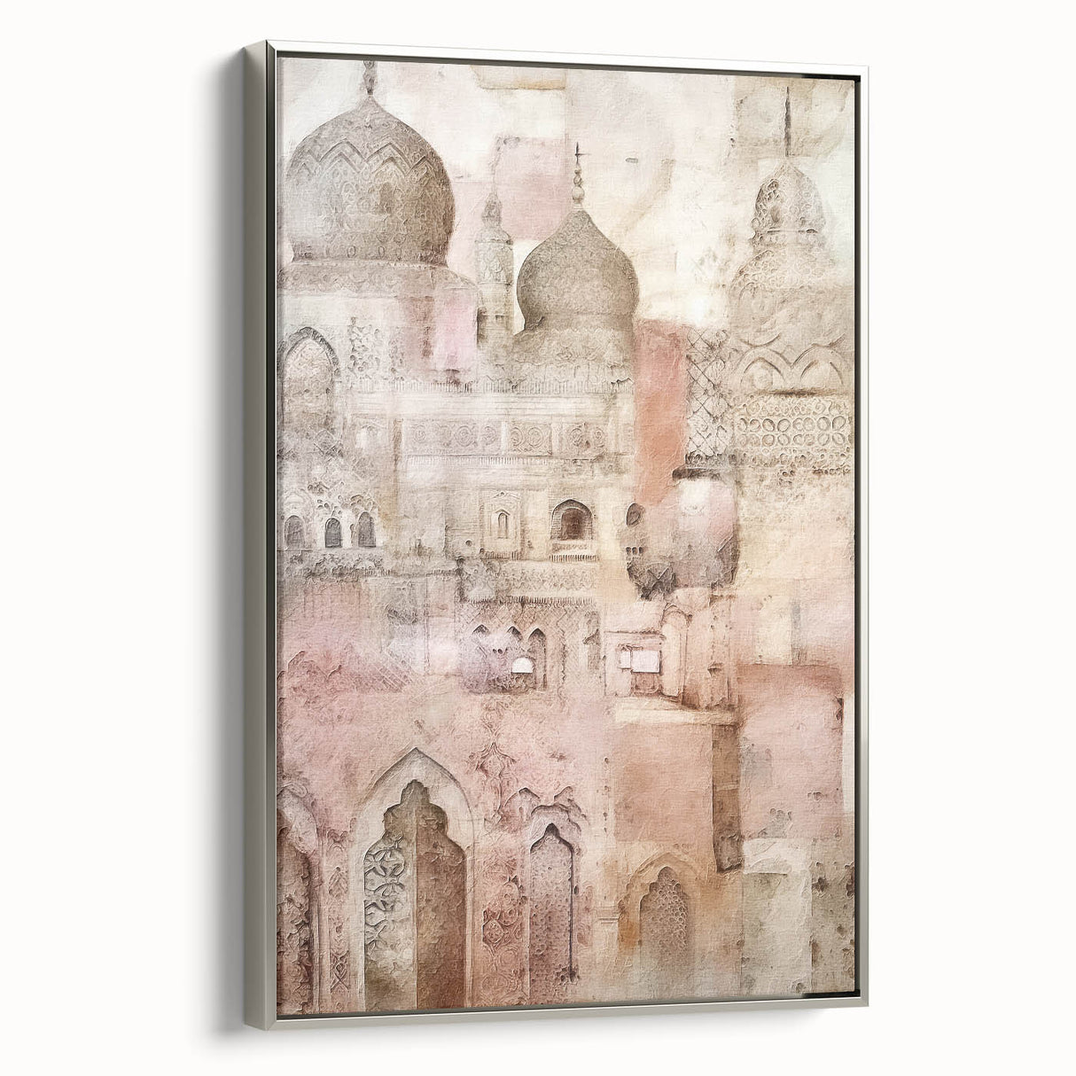 Framed abstract architecture wall art in silver, showcasing geometric shapes and lines, perfect for modern home decor. Side view displays elegant design and canvas texture.