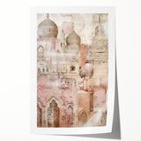 Abstract architecture wall art print showcasing geometric patterns in soft beige and blue tones, elegantly rolled and ready for display or framing. Perfect for modern interior decor.