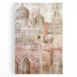 Abstract architectural wall art on stretched canvas, showcasing dynamic geometric shapes in muted tones of gray and beige, ideal for modern home decor.