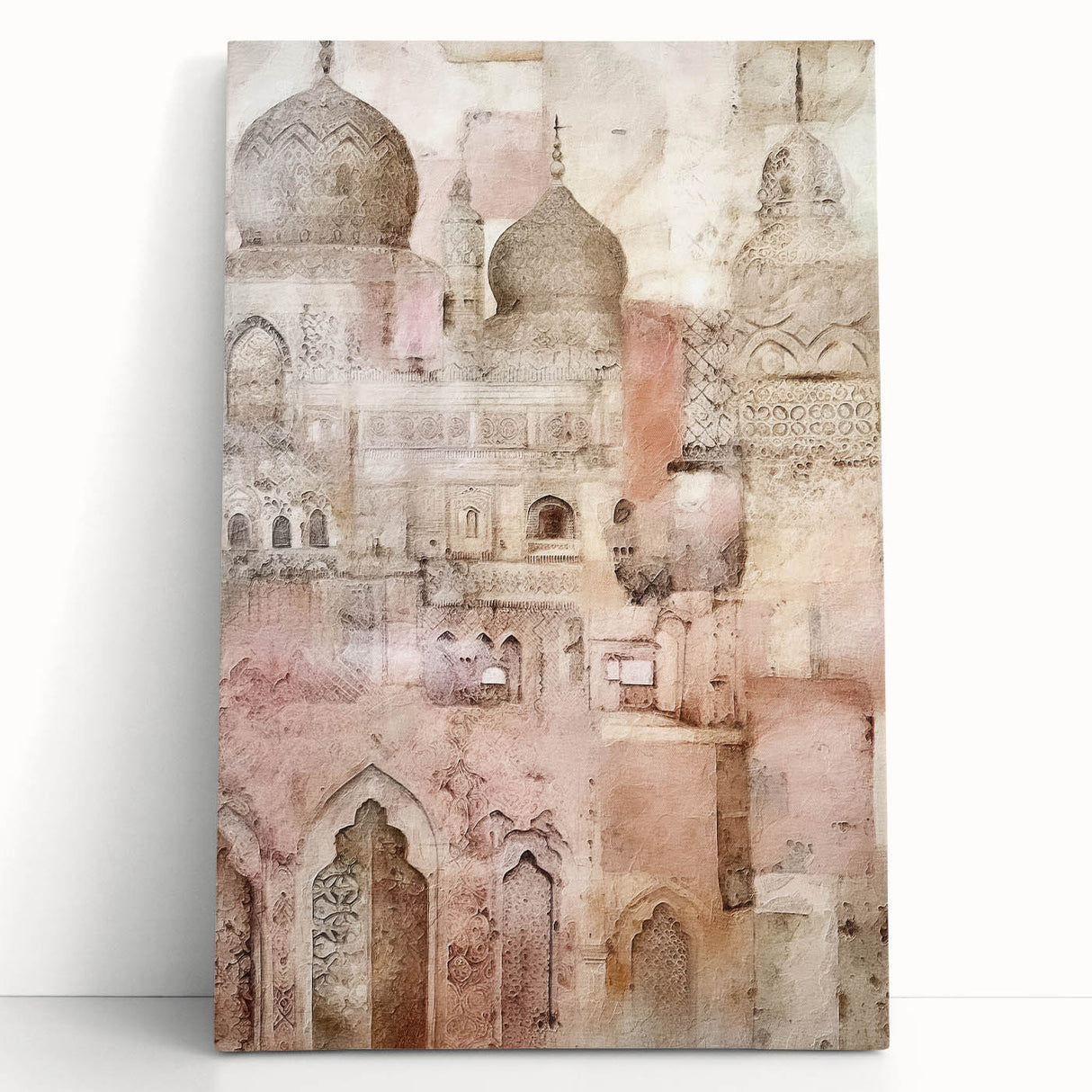 Abstract architectural wall art on stretched canvas, showcasing geometric shapes in soft gray and white tones, ideal for modern home decor or office settings.