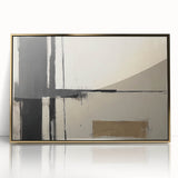 Abstract geometric framed acrylic artwork in gold tones, featuring intricate patterns and shapes, ideal for modern home decor. Perfect for enhancing contemporary interiors.