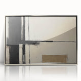 Framed abstract geometric artwork in silver acrylic, showcasing intricate patterns and modern design elements, ideal for contemporary home decor or office settings.