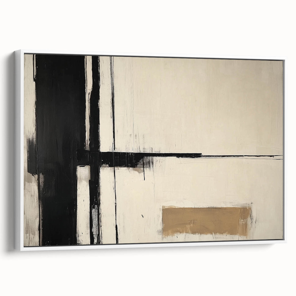 Framed abstract geometric canvas art in a modern white frame, showcasing bold shapes and lines, perfect for contemporary home decor. Ideal for enhancing living spaces with vibrant design elements.