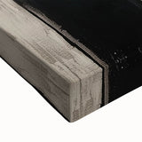 Close-up of a vibrant abstract geometric stretched canvas art piece showcasing bold colors of blue, orange, and yellow, perfect for modern home decor.