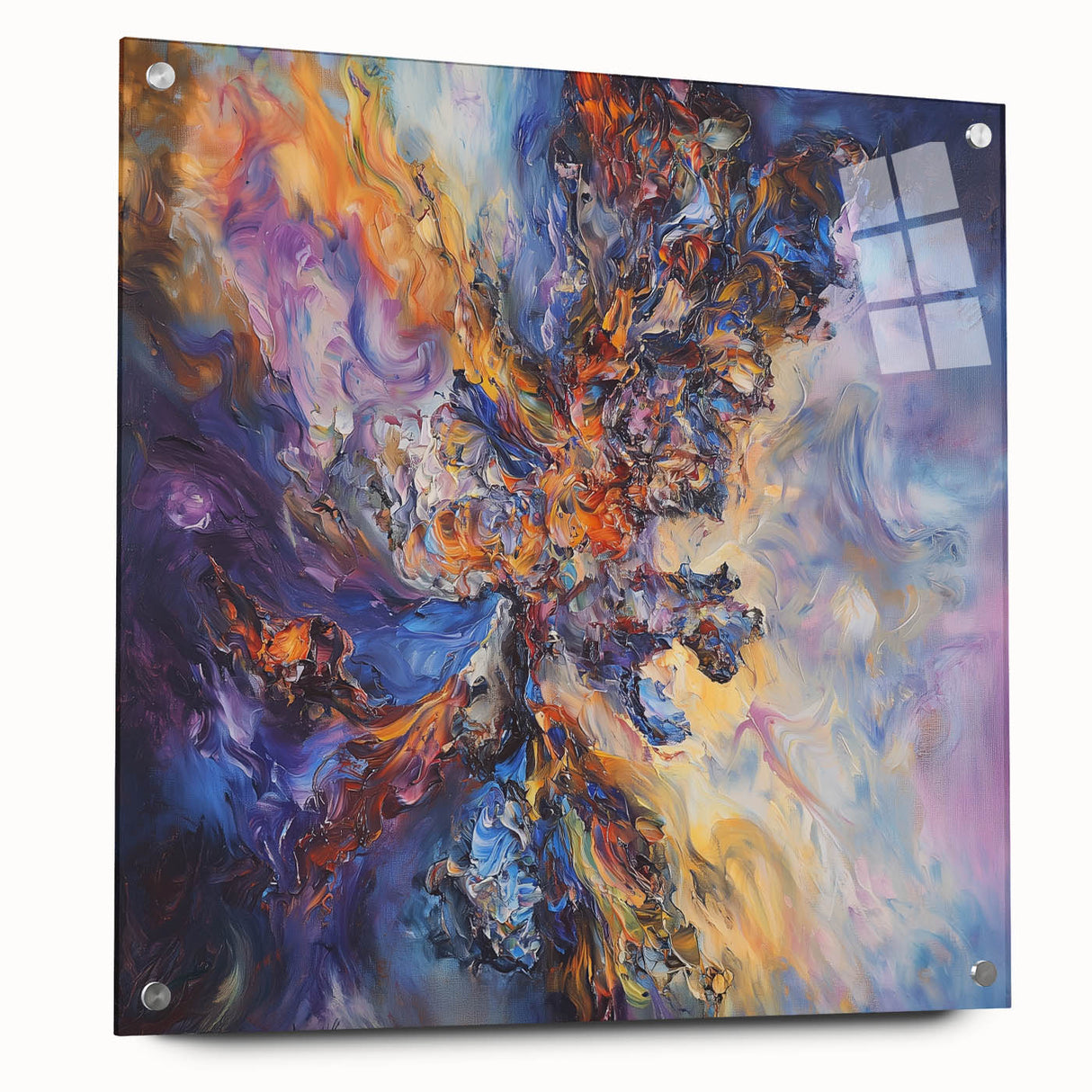 Abstract acrylic wall art featuring vibrant splatter designs, displayed from a side view with decorative pins, showcasing bold colors and dynamic shapes.