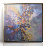 Framed acrylic artwork showcasing abstract splatters in gold and black, set against a sleek white background, perfect for modern home decor or office spaces.