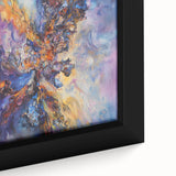 Abstract splatter canvas art in vibrant colors displayed in a close-up view, showcasing intricate textures and dynamic patterns, perfect for modern decor.