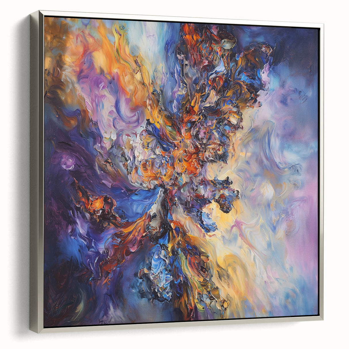 Framed canvas artwork showcasing abstract splatters in a vibrant color palette, accented with a sleek silver frame, ideal for modern home decor.