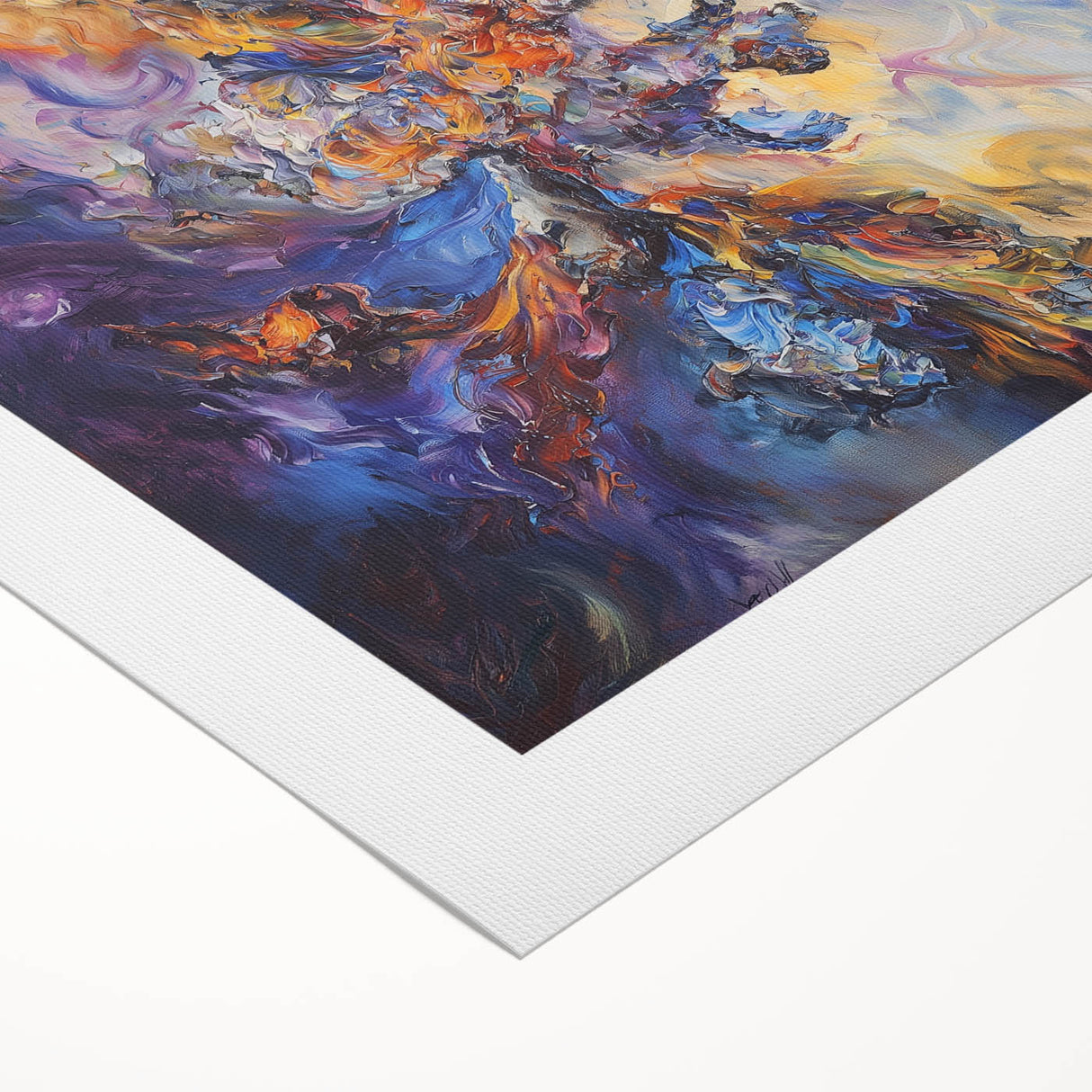 Abstract splatter art on rolled canvas showcasing vibrant colors of blue, orange, and yellow, ideal for modern home decor, shipped in protective packaging.
