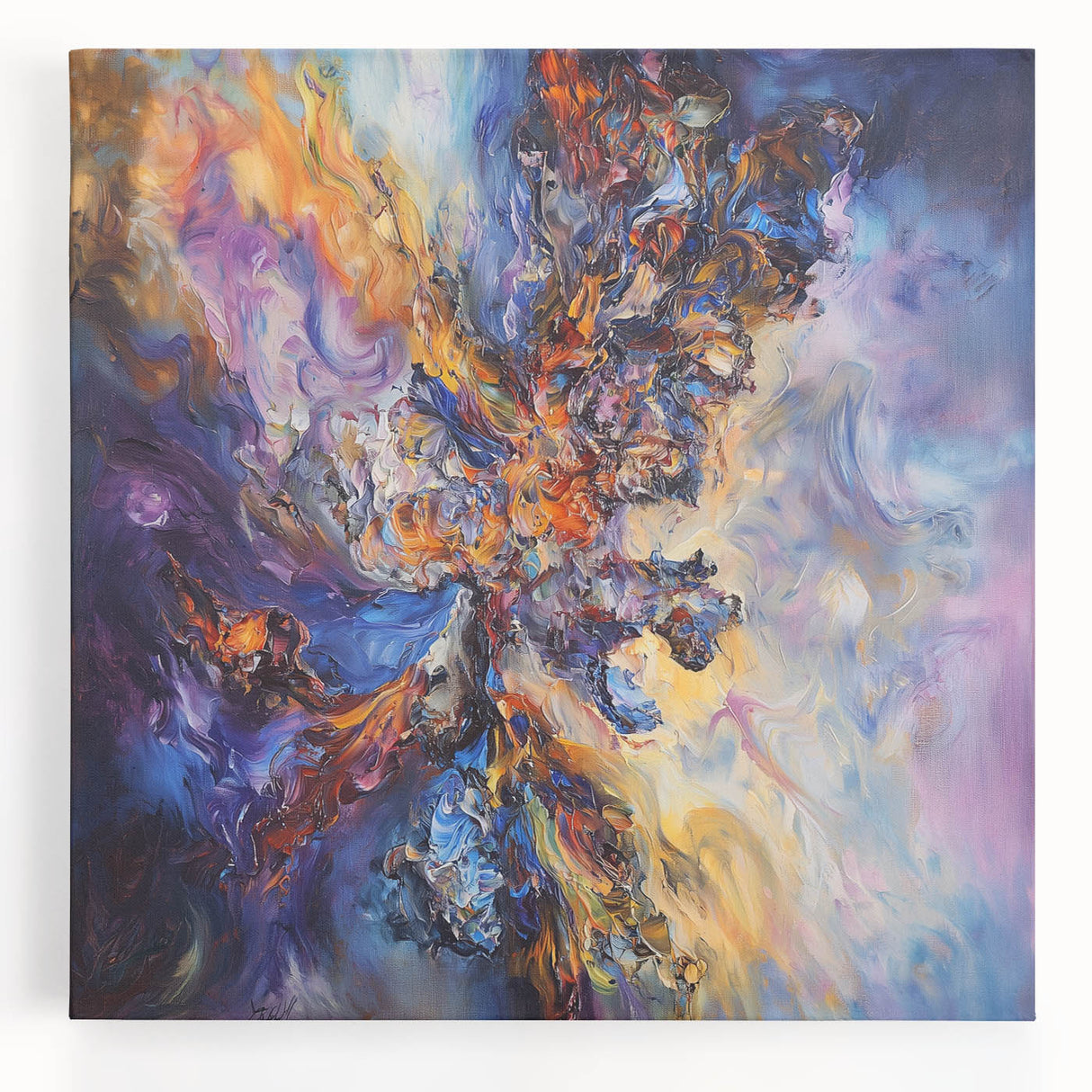 Abstract canvas artwork featuring vibrant splatters of blue, yellow, and red on a textured surface, ideal for modern home decor. Perfect for adding a colorful touch to any room.