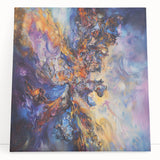 Abstract splatter art canvas featuring vibrant colors in a dynamic design, leaning against a textured wall, ideal for modern home decor and artistic spaces.