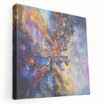Abstract splatter art on a stretched canvas, showcasing vibrant colors like blue, yellow, and red, ideal for modern home decor or creative spaces.