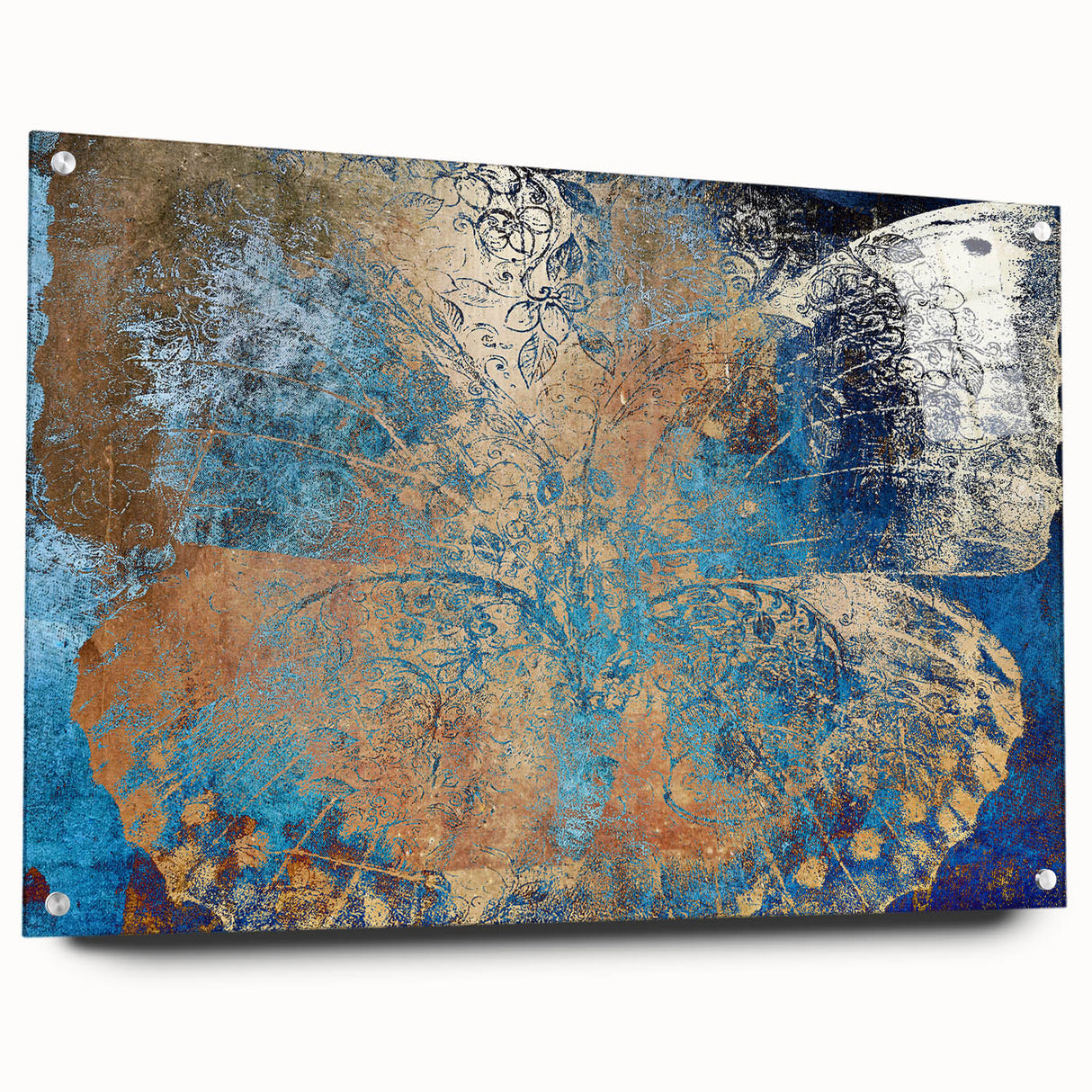 Acrylic glass display showcasing a vibrant animal design, featuring colorful illustrations and decorative pins. Ideal for modern home decor or art collections.