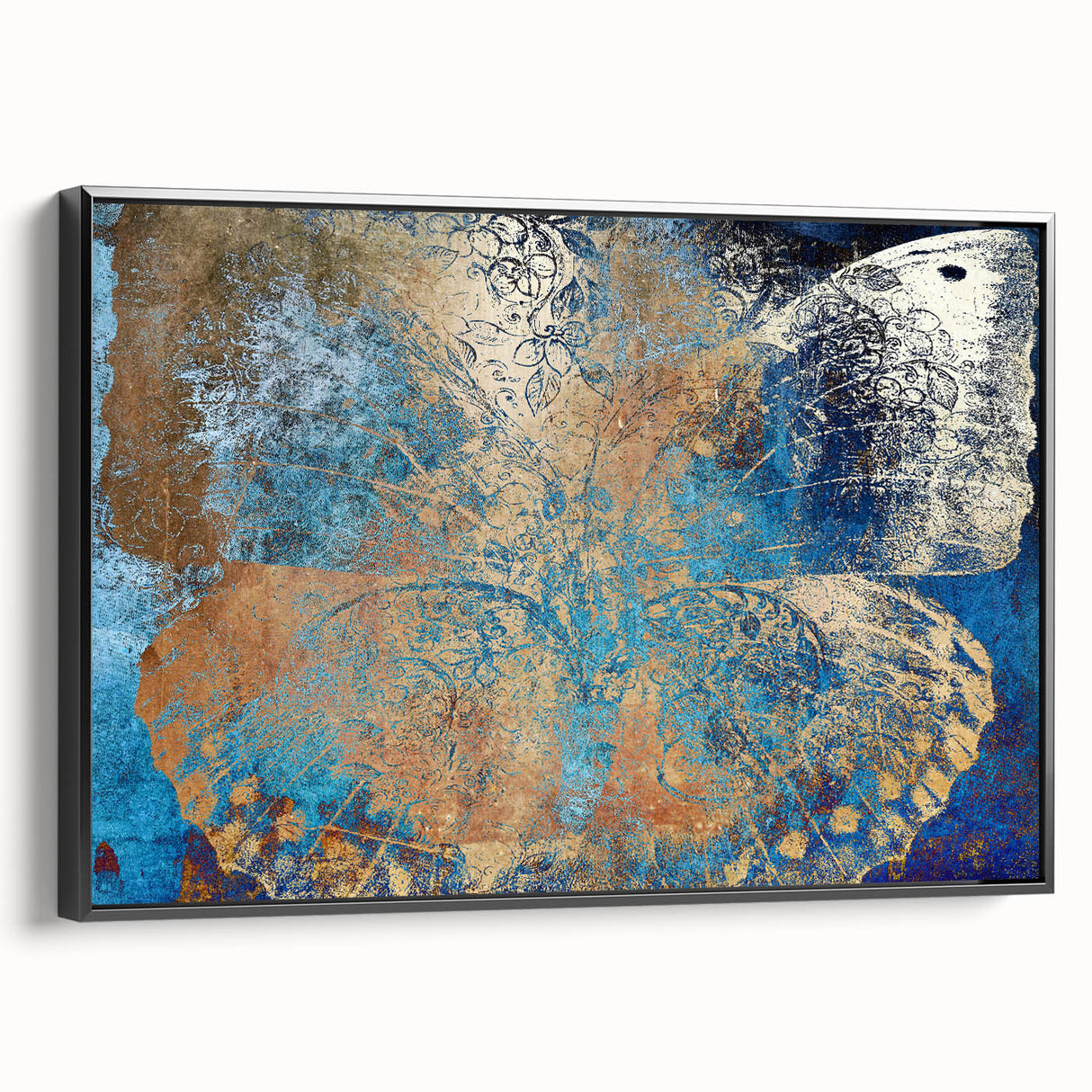 Framed canvas artwork showcasing a vibrant animal design on a black background, viewed from the side, ideal for home decor and art enthusiasts.