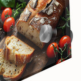 Large abstract wall art on acrylic glass featuring assorted food dishes in mid-century modernist style.