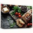 Acrylic print featuring an array of multicolored abstract food dishes, suitable for dining room decor.