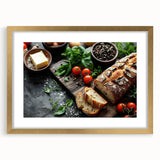 Extra large abstract art print of assorted food dishes in earth tones, framed with a gold mat, ideal for living room decor.