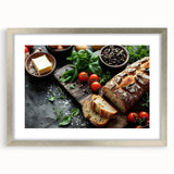 Textured art featuring abstract food dishes in neutral tones on a silver-framed mat, ideal for bedroom wall decor.